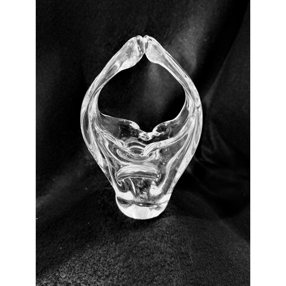 Vintage Murano Art Glass Basket With Split Handled  Hand Blown Clear Basket